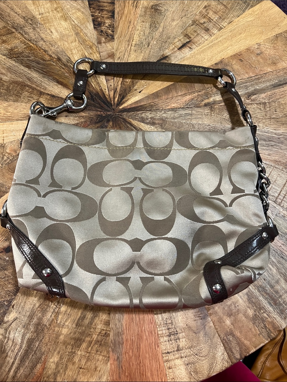 Vintage Coach Carly Signature Jacquard Hobo in Taupe and Dark Brown Leather